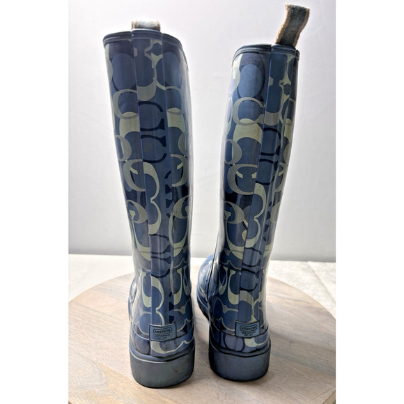Coach Paisley Womens Rubber Pull On Tall Rain Boots Blue All Over Logo Sz 7m - Picture 5 of 11